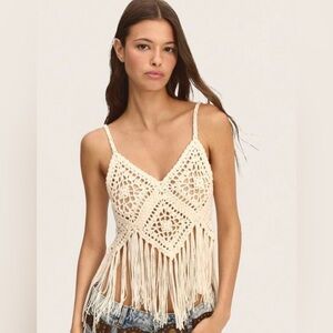 NWOT- Cream Crochet Fringe Tank, Medium